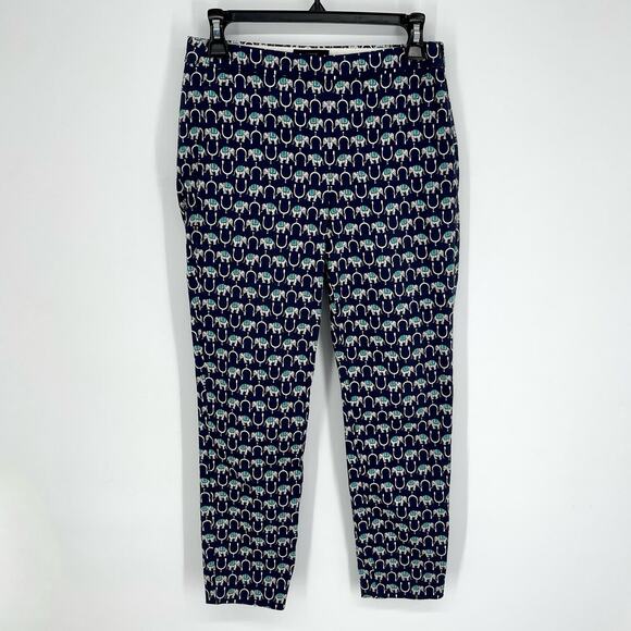 J. Crew Women's Martie Pants Mini Elephants Print Size 0 Navy Aqua Gray White - Picture 1 of 10